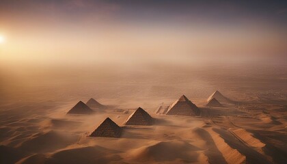 aerial view of the ancient Egyptian pyramids, it is foggy and sunrise
 - obrazy, fototapety, plakaty