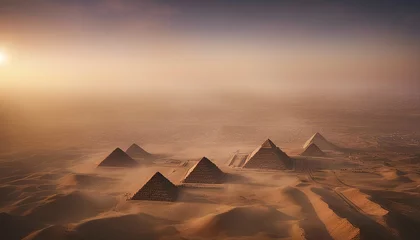 Foto op Canvas aerial view of the ancient Egyptian pyramids, it is foggy and sunrise  © abu