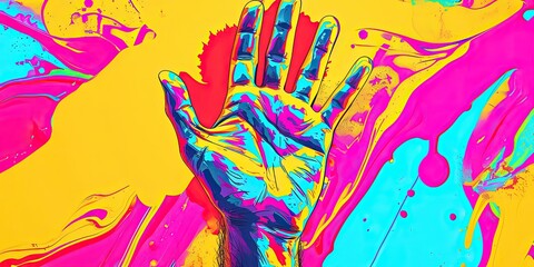 Pop art hand, combination of colors and paints, mural style, background, template, wallpaper.