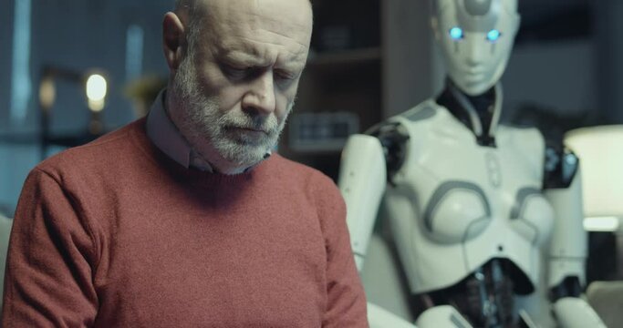 Senior man and android AI robot at home