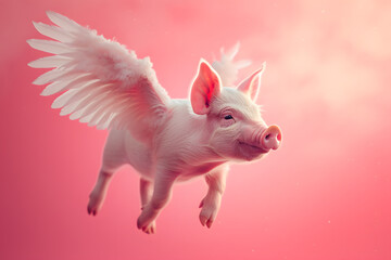Fantasy Piglet with Wings Soaring Against a Pink Backdrop