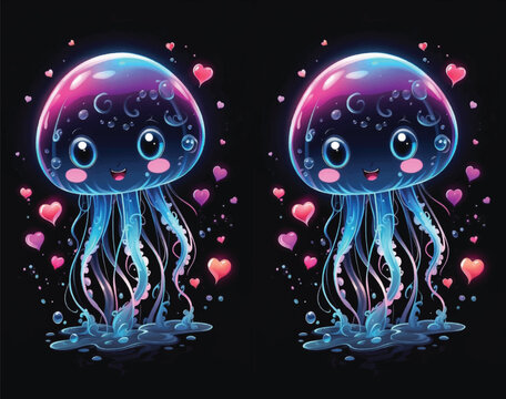 Valentine's Day theme of Visualization of kawaii very cute a baby small jellyfish loved