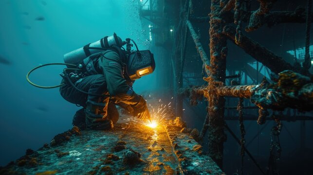 An underwater scene featuring a welder in advanced diving equipment, performing critical maintenance on the foundation of an oil rig, illuminated by the welding torch light