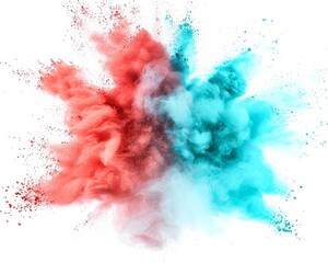 Vibrant bursts of blue and red pigment intertwine, creating a mesmerizing abstract masterpiece that evokes a sense of creative energy and colorful imagination through a cloud of billowing smoke