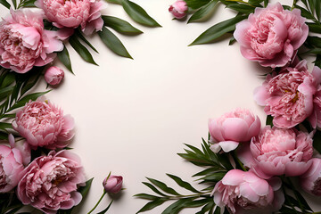 Frame made of beautiful peony flowers on light background. top view
