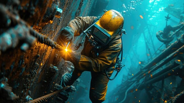 An underwater scene featuring a welder in advanced diving equipment, performing critical maintenance on the foundation of an oil rig, illuminated by the welding torch light