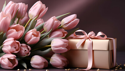 Bouquet of pink tulips and gift box on dark background