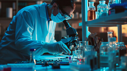 Forensic Scientist, A forensic expert analyzing evidence in a lab, with microscopes, evidence samples, and forensic tools.