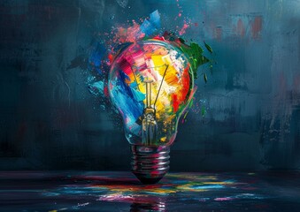 An eclectic mix of vibrant hues adorns a simple light bulb, embodying the essence of artistic expression and the beauty found in everyday objects - obrazy, fototapety, plakaty