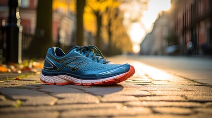Running shoes on a city sidewalk in stock photography , Running shoes, city sidewalk, stock photography