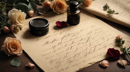 A vintage love letter, with elegant calligraphy and a wax seal, containing heartfelt words and a pressed flower.

