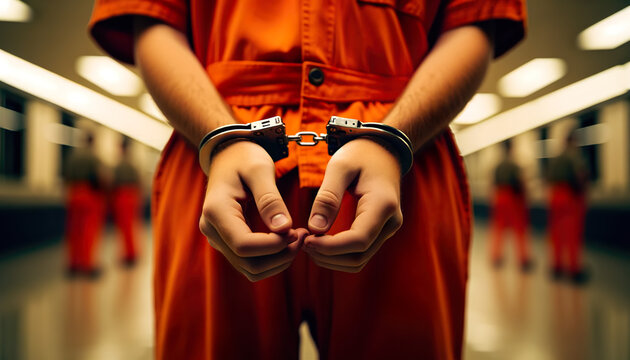 Close up of handcuffed hands. Young boy in Juvenile detention going through the court system for crimes he has committed.