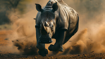 Running  rhinoceros in dust