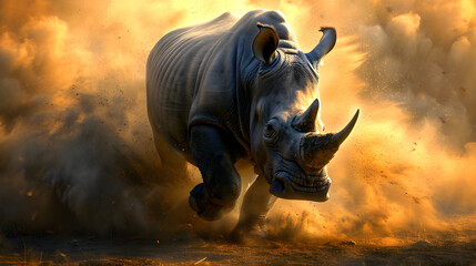 Fototapeta premium Running rhinoceros in dust