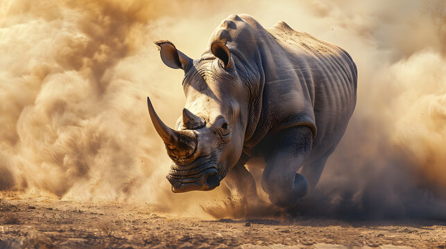 Running  rhinoceros in dust