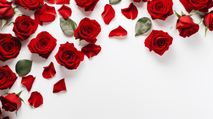 Flat lay top view red roses, isolated on a white background for Valentine's Day, International Women's Day, Mother's Day card or background or a wedding invitation