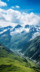 Panoramic view of a snowy mountain range in summer , Panoramic view, snowy mountain range, summer