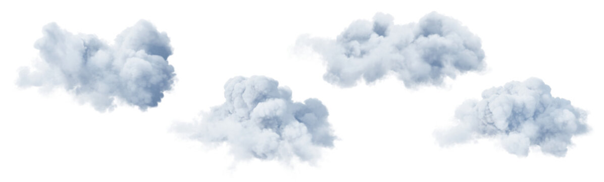 Set of white clouds isolated on transparent background. 3D render.