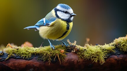 Eurasian Blue Tit perched on log with blurred bright background - obrazy, fototapety, plakaty