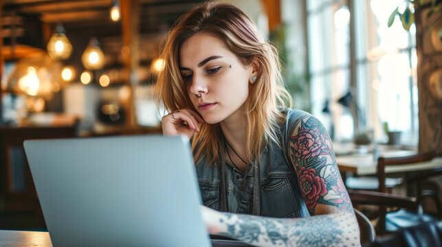 A rebellious woman with a colorful sleeve of tattoos stares intently at her laptop, lost in a world of technology and self-expression while sitting in the comfort of her indoor sanctuary