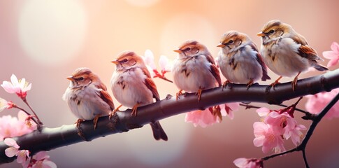 five birds sit on a branch next to a flowering tree