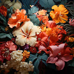 Colorful hibiscus flowers on black background.  illustration.
