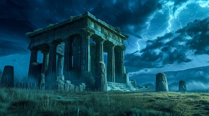 Ancient pillars stand tall amidst the overgrown grass, the remnants of a once grand stone structure, illuminated by a fierce bolt of lightning in the darkening sky