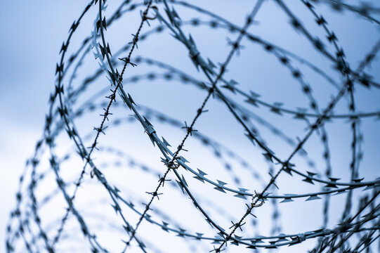 Barbed wire fence on the sunset black and white photography