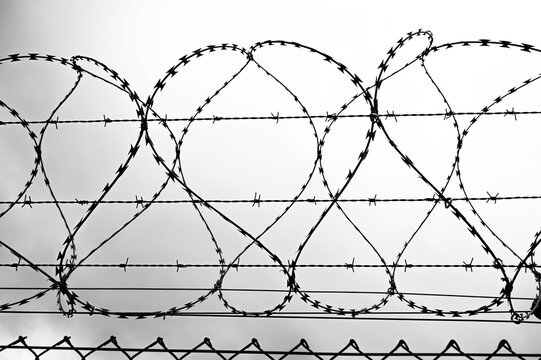 Barbed wire fence on the sunset black and white photography