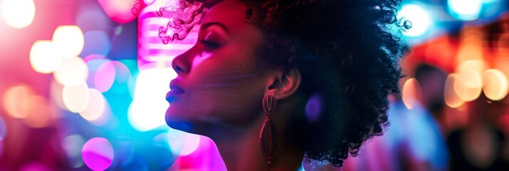 A vibrant magenta hue illuminates the face of a woman with curly hair and earrings, as she basks in the light of music, embodying the essence of humanity