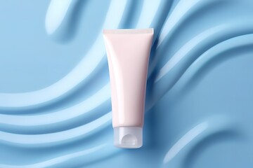 White cosmetic cream bottle packaging in the photo on a wavy blue background. generative AI