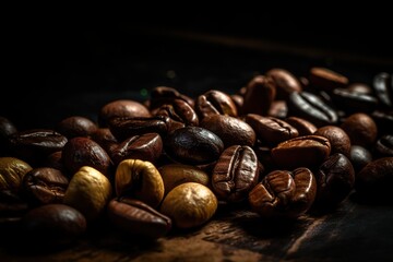 Cup coffee beans wooden. Hot espresso and coffee bean. Espresso coffee machine.