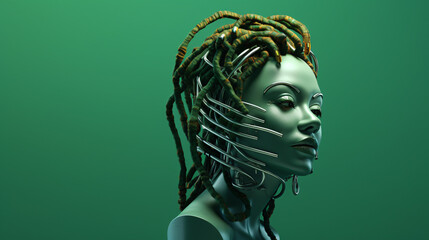 3d render iron head of a woman with shiny dreadlocks