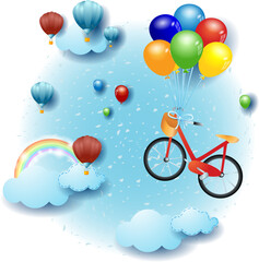 Sky landscape with clouds, flying bike and balloons. Fantasy illustration vector eps10