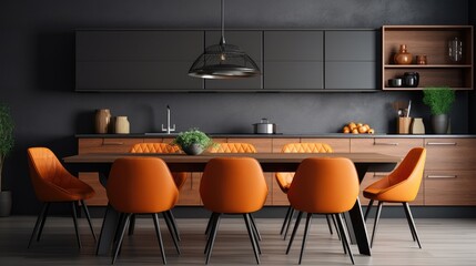 large kitchen room with modern interior design with wood table and chairs for home against the background a dark classic wall - obrazy, fototapety, plakaty