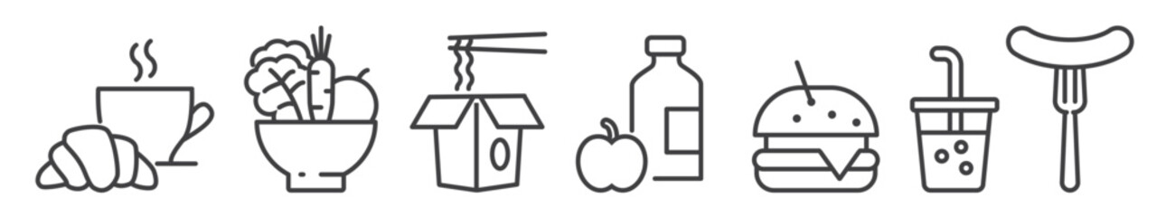 Snack and carryout icons - editable thin line icon set on white background