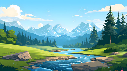 River game background 2d game,,
A beautiful anime style summer landscape. Green valley, river, high mountains with snow capped peaks, blue sky with white clouds