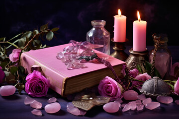 Obraz na płótnie Canvas Magic still life with quartz crystal and pink candle. Magic rocks for mystic ritual, witchcraft Wiccan or spiritual practice. Meditation reiki. Ritual for love. Generated ai