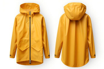 Classic fashionable Yellow raincoat or rain jacket, mockup on white background. Space for design, print and showcasing. Generate Ai