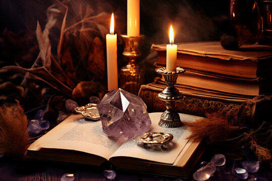 Magic still life with quartz crystal, candle, dried flower. Magic rocks for mystic ritual, witchcraft Wiccan or spiritual practice. Meditation reiki. Generated ai