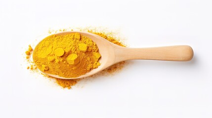 Turmeric on a wooden spoon on a white background. generative AI