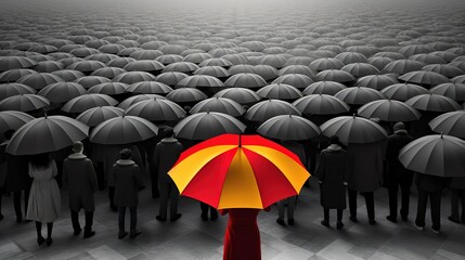 A person carrying a red and yellow umbrella in the middle of a crowd of people carrying gray umbrellas. generative AI