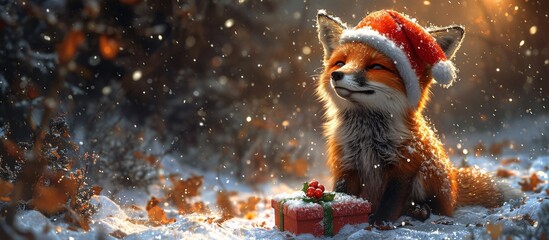 Foxy Christmas: A Red-Faced Fox Poses with a Present Generative AI - obrazy, fototapety, plakaty