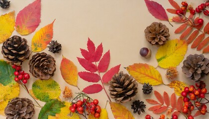 autumn leaves background, First day of school, back to school, fall concept, wallpaper, Frame of colorful red, yellow autumn leaves with cones, rowan berries on trendy beige background.