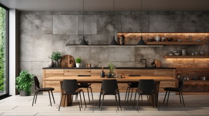 large kitchen room with modern interior design with wood table and chairs for home against the background classic wall style, Generative AI - obrazy, fototapety, plakaty