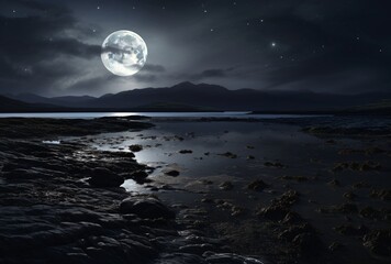 a full moon set at night on the coast