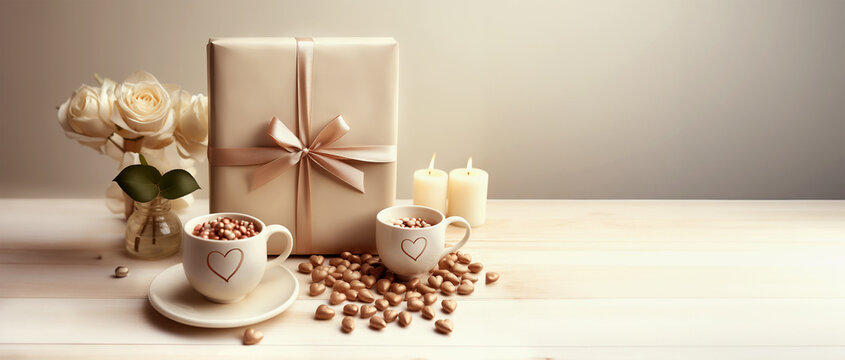 Greeting set in beige colors with gift box, coffee cups with hearts and white roses bunch on table at wall background. Suitable for wedding, Valentine's day, Mother's day or birthday