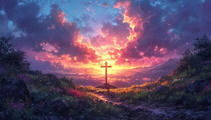 Sunset Crossing: A Pink Sunset with a Cross in the Field Generative AI