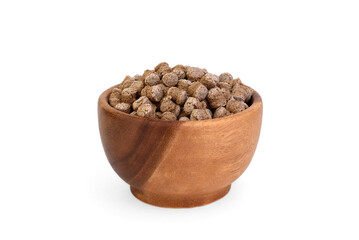 Rye bran in wooden bowl isolated on white background.