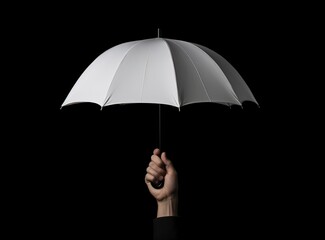 Hand carrying a white umbrella on a black background. generative AI